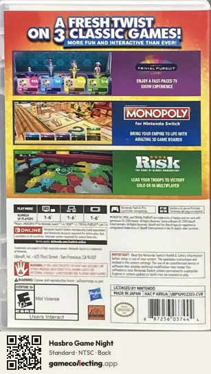 Hasbro Game Night Nintendo Switch, NTSC box back