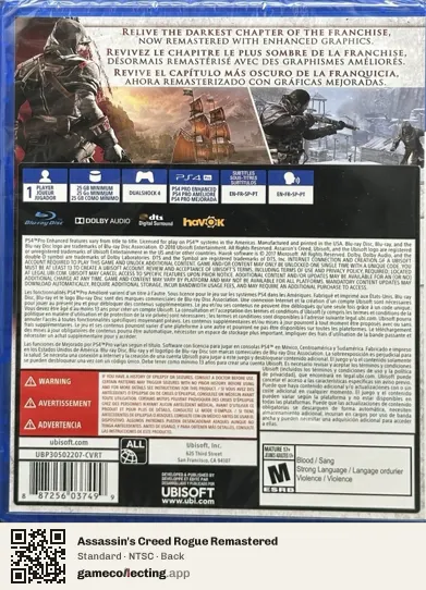 Assassin's Creed Rogue Remastered PlayStation 4, NTSC box back