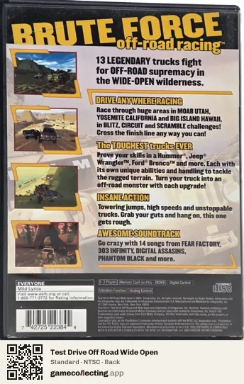 Test Drive Off Road Wide Open PlayStation 2, NTSC box back