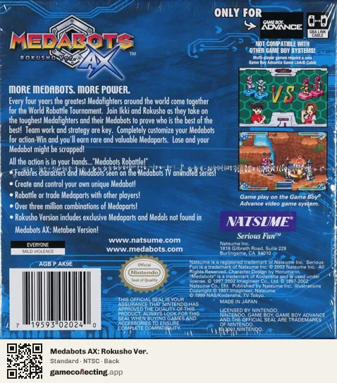 Medabots AX: Rokusho Ver. Game Boy Advance, NTSC box back