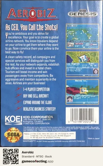 Aerobiz Sega Mega Drive / Genesis, NTSC box back