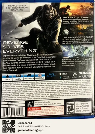 Dishonored PlayStation 4, NTSC box back