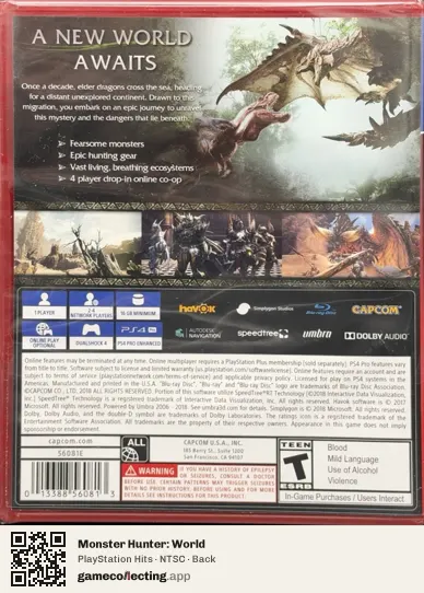 Monster Hunter: World PlayStation 4, NTSC box back