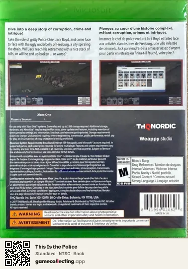 This Is the Police Xbox One, NTSC box back