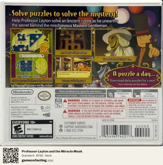Professor Layton and the Miracle Mask Nintendo 3DS, NTSC box back
