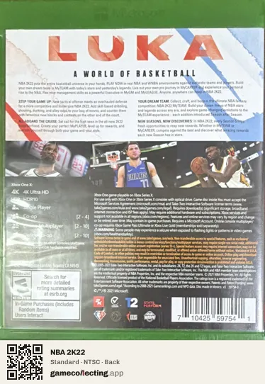 NBA 2K22 Xbox One, NTSC box back