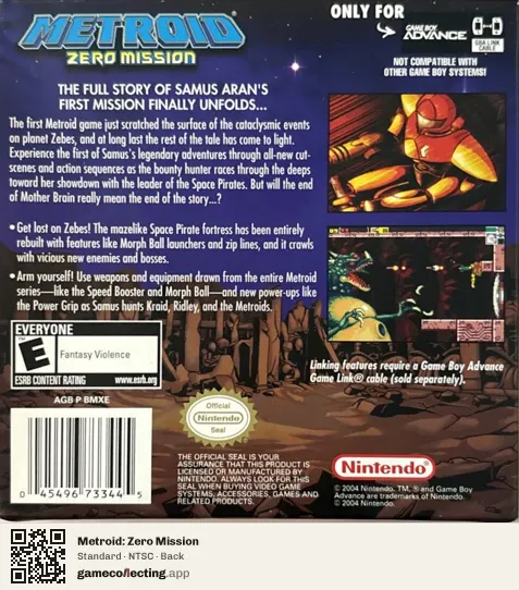 Metroid: Zero Mission Game Boy Advance, NTSC box back