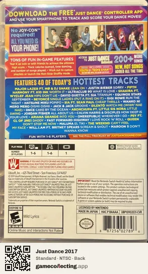 Just Dance 2017 Nintendo Switch, NTSC box back