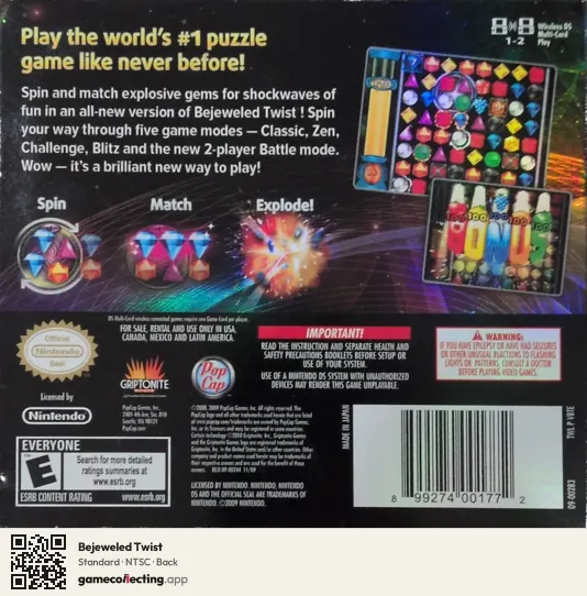 Bejeweled Twist Nintendo DS, NTSC box back