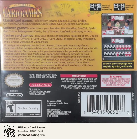 Ultimate Card Games Nintendo DS, NTSC box back