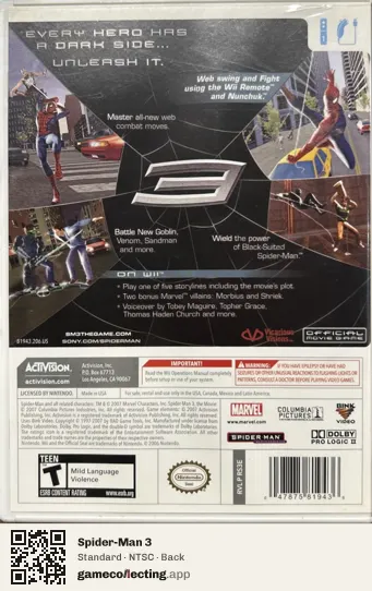 Spider-Man 3 Nintendo Wii, NTSC box back