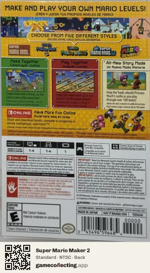 Super Mario Maker 2 Nintendo Switch, NTSC box back