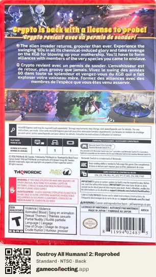 Destroy All Humans! 2: Reprobed Nintendo Switch 2, NTSC box back