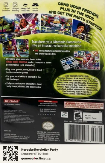 Karaoke Revolution Party Nintendo GameCube, NTSC box back