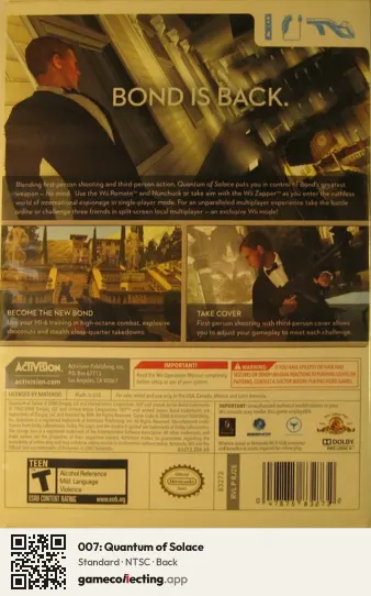 007: Quantum of Solace Nintendo Wii, NTSC box back