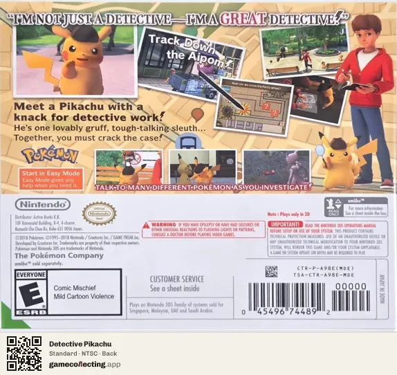 Detective Pikachu Nintendo 3DS, NTSC box back