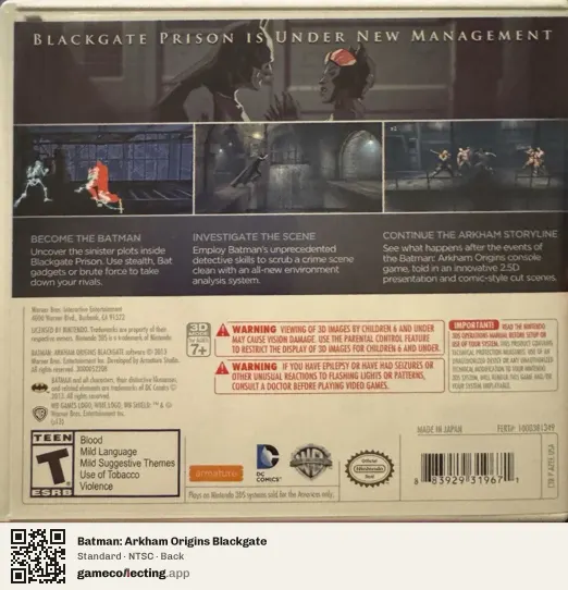 Batman: Arkham Origins Blackgate Nintendo 3DS, NTSC box back