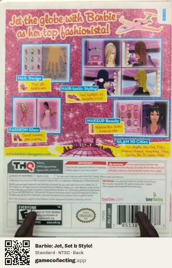 Barbie: Jet, Set & Style! Nintendo Wii, NTSC box back