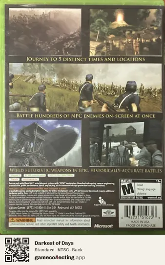 Darkest of Days Xbox 360, NTSC box back