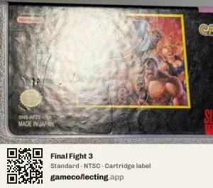 Final Fight 3 Super Nintendo Entertainment System, NTSC cartridge label
