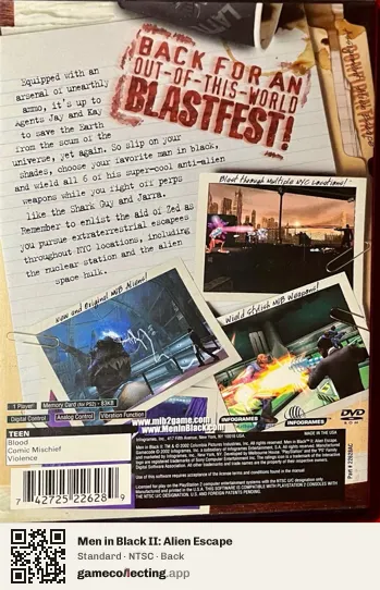 Men in Black II: Alien Escape PlayStation 2, NTSC box back