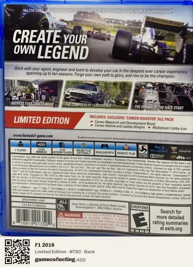 F1 2016 PlayStation 4, NTSC box back