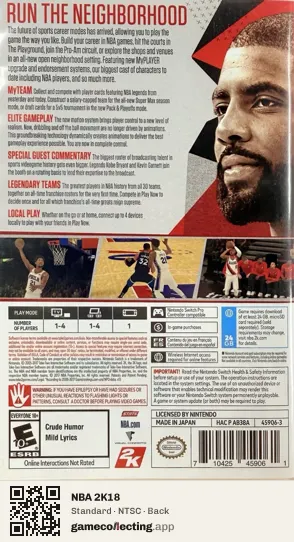 NBA 2K18 Nintendo Switch, NTSC box back