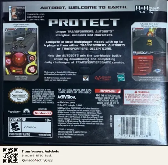 Transformers: Autobots Nintendo DS, NTSC box back