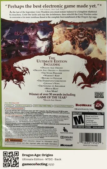 Dragon Age: Origins Xbox 360, NTSC box back