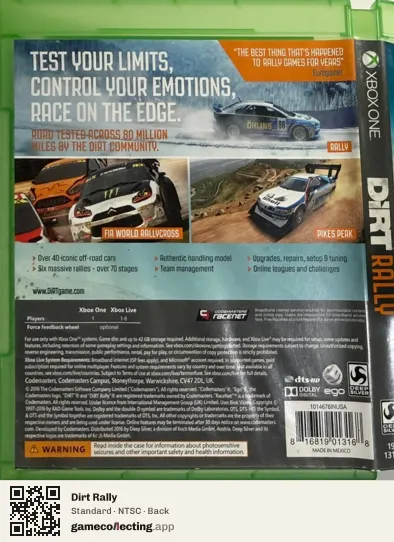 Dirt Rally Xbox One, NTSC box back