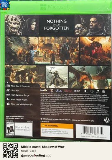 Middle-earth: Shadow of War Xbox One, NTSC box back