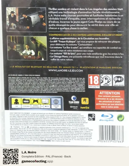 L.A. Noire PlayStation 3, France box back