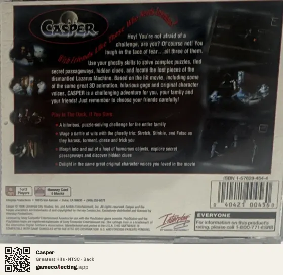 Casper PlayStation, NTSC box back