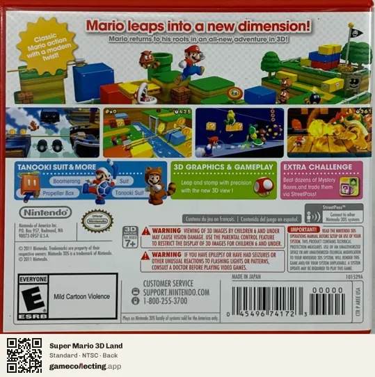 Super Mario 3D Land Nintendo 3DS, NTSC box back