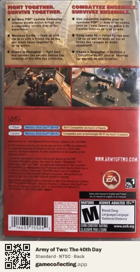 Army of Two: The 40th Day PlayStation Portable, NTSC box back