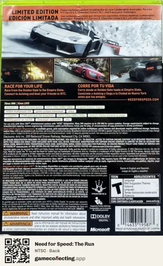 Need for Speed: The Run Xbox 360, NTSC box back