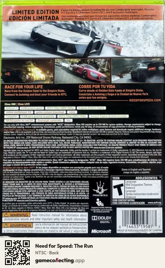 Need for Speed: The Run Xbox 360, NTSC box back