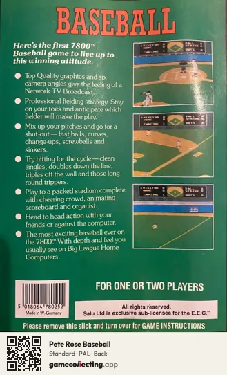 Pete Rose Baseball Atari 7800, PAL box back