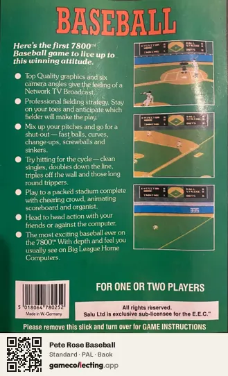 Pete Rose Baseball Atari 7800, PAL box back
