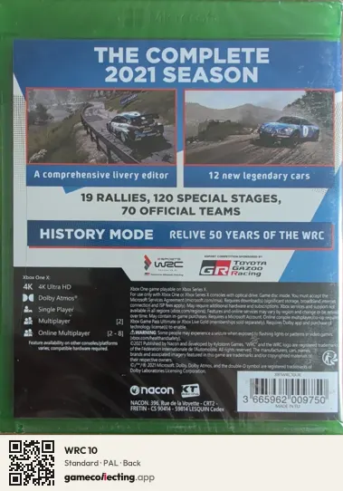 WRC 10 Xbox One, PAL box back