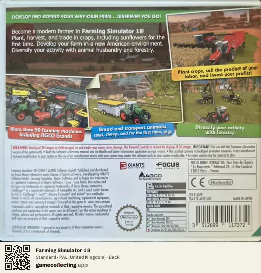Farming Simulator 18 Nintendo 3DS, United Kingdom box back