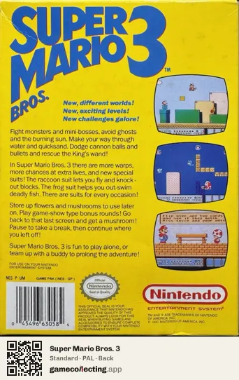 Super Mario Bros. 3 Nintendo Entertainment System, PAL box back