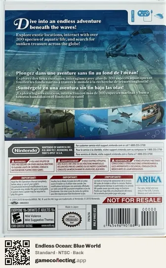 Endless Ocean: Blue World Nintendo Wii, NTSC box back