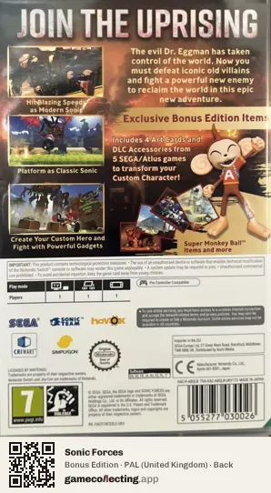 Sonic Forces Nintendo Switch, United Kingdom box back