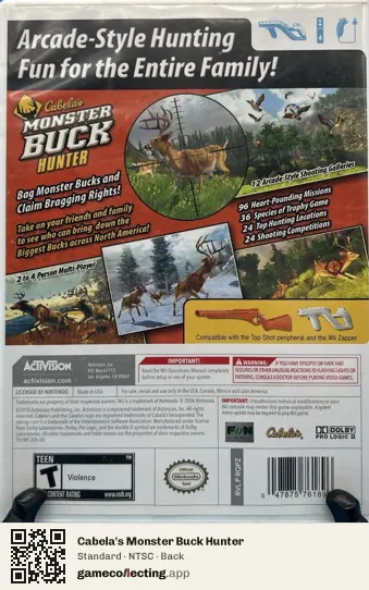 Cabela's Monster Buck Hunter Nintendo Wii, NTSC box back