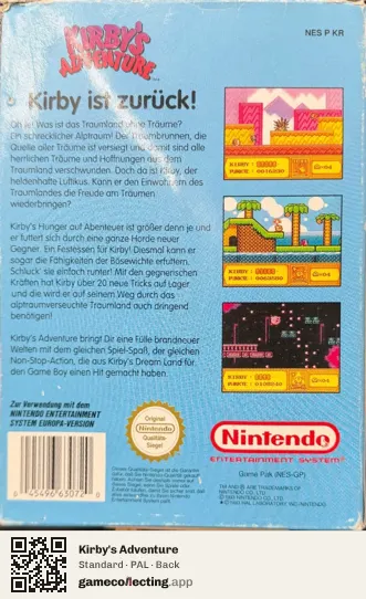 Kirby's Adventure Nintendo Entertainment System, PAL box back