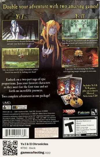Ys I & II Chronicles PlayStation Portable, NTSC box back
