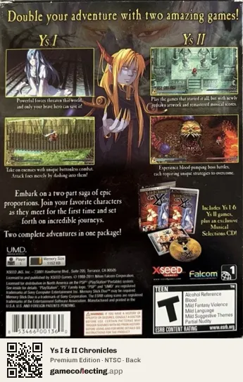 Ys I & II Chronicles PlayStation Portable, NTSC box back