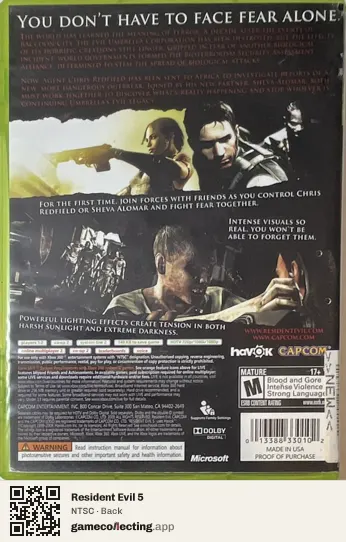 Resident Evil 5 Xbox 360, NTSC box back