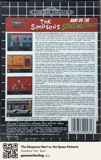 The Simpsons: Bart vs. the Space Mutants Sega Mega Drive / Genesis, PAL box back